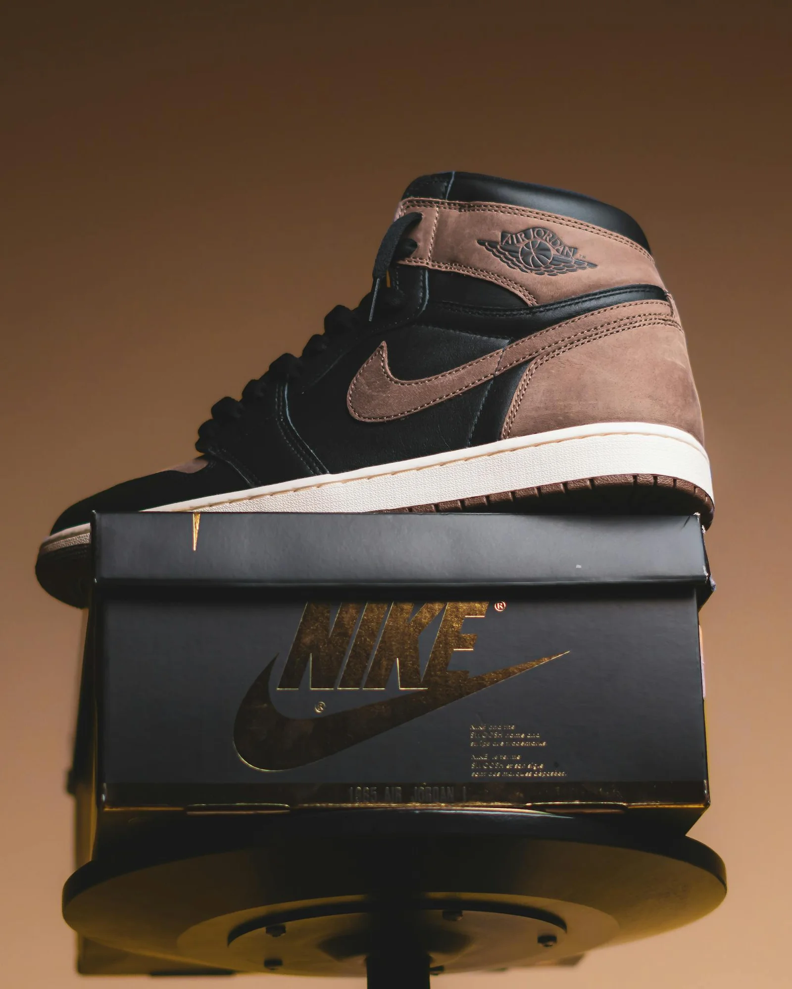 Close-up of black and brown sneakers on a branded box in studio lighting.